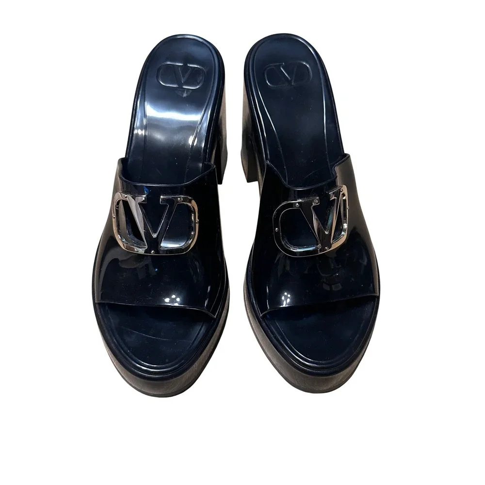Valentino Garavani Black VLogo Platform Mules Block Heel Sandals Size 39
